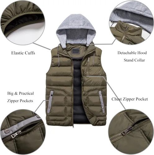 Vista 2 de VtuAOL Chaleco acolchado para hombre, chaleco acolchado con capucha para exteriores, chaleco grueso softshell para viajes, senderismo