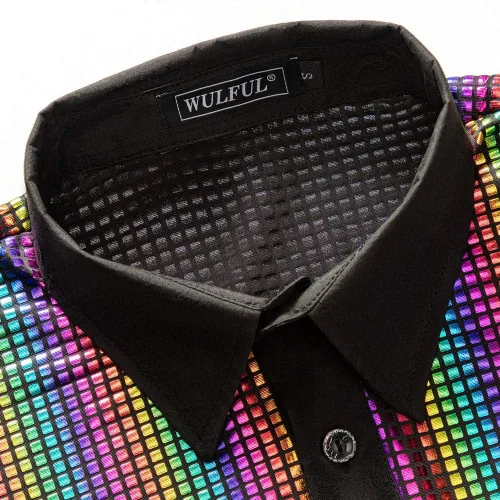 Vista 3 de WULFUL Camisa de discoteca para hombre con lentejuelas de manga corta con botones, camisas de vestir para fiesta de los años 70
