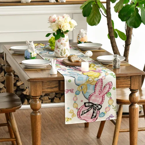 Vista 3 de Artoid Mode Camino de mesa de Pascua con lazo floral, conejo, conejo, huevos, Pascua, decoración de mesa de comedor de primavera para decoración