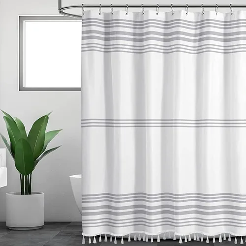 Vista 7 de Seasonwood Cortina de ducha gris y blanca con borlas Cortinas de ducha estilo granja moderna para decoración de baño 72L"x72A" Lavable a máquina