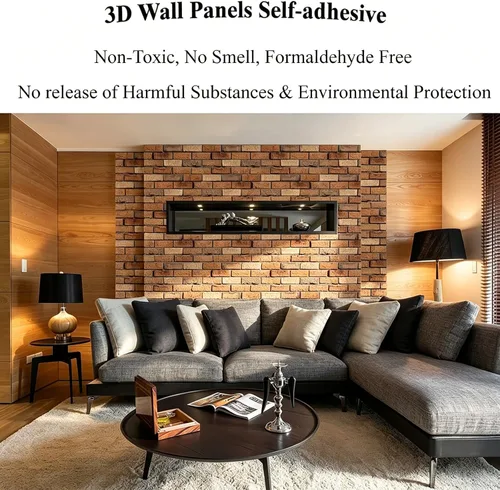 Vista 4 de Paneles de pared 3D para despegar y pegar, paquete de 10 paneles de PVC texturizados de ladrillo, azulejos de pared autoadhesivos impermeables