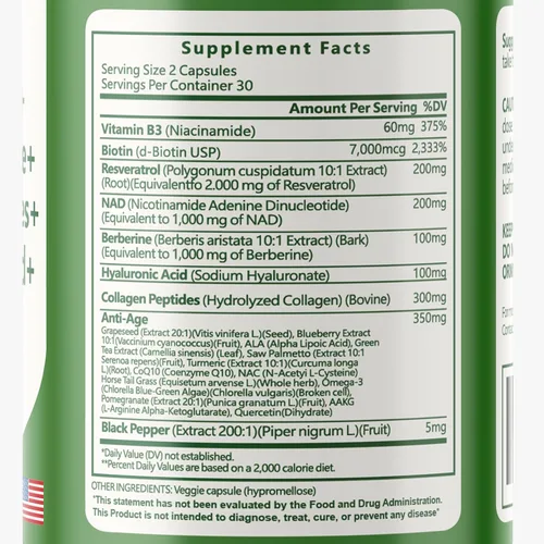 Vista 6 de NAD Resveratrol Suplemento 200mg con Berberina NAC Colágeno – Nicotinamida Riboside NMN NADH CoQ10 Biotina Ácido Hialurónico – Suplemento de uñas