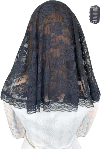 Vista 2 de Velo de mantilla de encaje suave y cómodo, 7 colores, estilo español, velo de encaje, cubierta de cabeza, forma de D