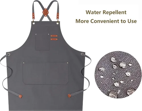 Vista 3 de AFUN Delantales de chef para mujeres y hombres con bolsillos grandes, delantal de trabajo repelente al agua de lona de algodón, talla M a XXL (gris)