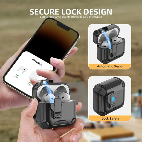 Vista 2 de Meliya Funda para AirPods 4, viene con soporte para teléfono y función MagSafe, funda rígida de protección completa automática emergente con bloqueo