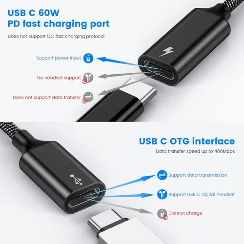Vista 2 de MOGOOD Cable divisor USB C de 60 W, 2 en 1 USB-C macho a doble USB-C hembra, carga mientras usas auriculares, SSD, DAC o controlador, para Steam