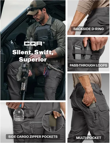 Vista 6 de CQR Pantalones tácticos elásticos para hombre, pantalones de carga resistentes al agua de tela ripstop, pantalones ligeros para uso diario