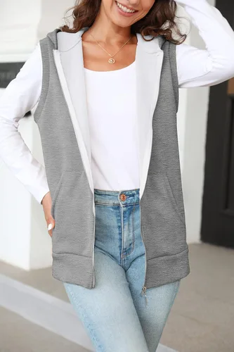 Vista 3 de Yousify Sudadera con capucha y bolsillos para mujer, estilo casual, térmica, sin mangas, con cremallera