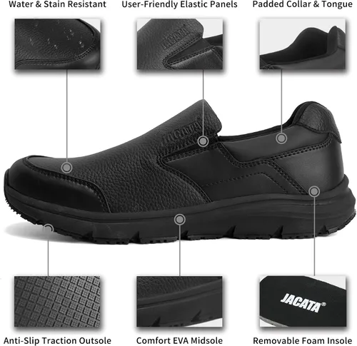 Vista 3 de Jacata Zapatos de trabajo negros antideslizantes para hombre, servicio de alimentos, zapatos de cuero resistentes al agua y antideslizantes sin
