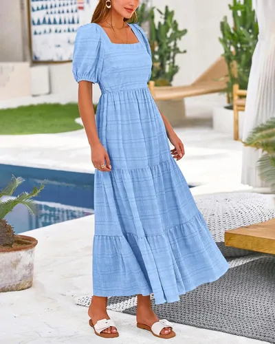 Vista 9 de PRETTYGARDEN Vestidos de verano para mujer, manga abombada, cuello cuadrado, cintura alta, fruncido, acampanado, holgado, vestido midi