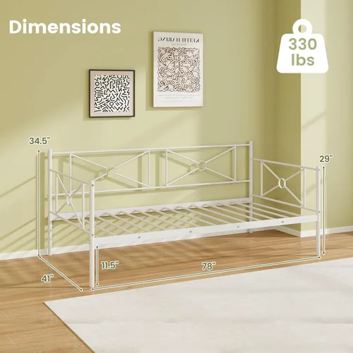 Vista 2 de KOMFOTT Marco de cama de metal de tamaño individual, plataforma de soporte de listones de acero resistente, sofá cama multifuncional con cabecero