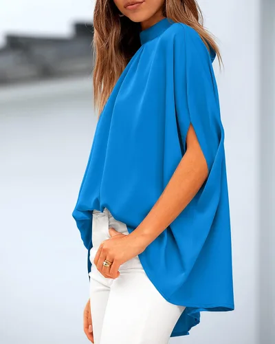 Vista 84 de BTFBM Blusas de verano para mujer, cuello alto falso, manga murciélago, holgadas, dobladillo alto y bajo, blusas informales de gran