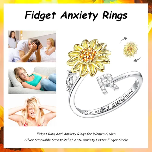 Vista 6 de Kucheed Anillos giratorios para mujeres, anillo giratorio de tamaño ajustable con diseño de girasol, anillo circular de dedo plateado apilable