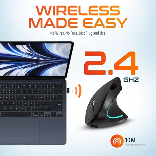 Vista 3 de Delton Ratón inalámbrico ergonómico vertical recargable con par automático USB Dongle, 6 botones, 3 niveles de DPI ajustables (800/1200/2400)