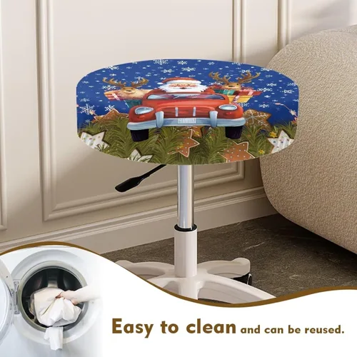 Vista 4 de Juego de 2 fundas redondas para taburetes de Navidad, color azul, diseño de ciervos de Navidad, fundas de cojín elásticas para taburetes de silla