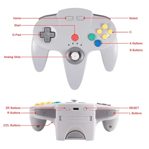 Vista 3 de KIWITATA Controlador inalámbrico N64, controlador remoto de 2.4 GHZ para juego de joystick, Gamepad compatible con consola N64, Switch, Raspberry