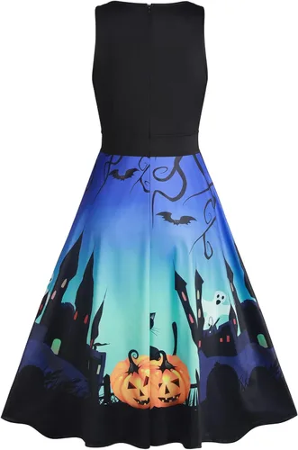 Vista 2 de ZAFUL Vestido midi cruzado para mujer, sin mangas, disfraz de Halloween, estampado de murciélago, cosplay, fiesta, acampanado, vestidos acampanados