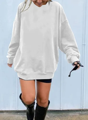 Vista 3 de Sudaderas de manga larga de gran tamaño para mujer, con cuello redondo, de color puro y estilo informal