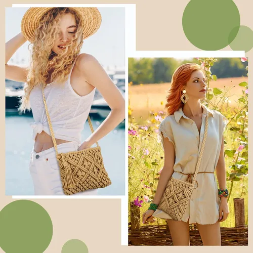 Vista 5 de Juego de bolsa de hombro de paja y aretes, bolsa de ratán, bolso de paja, bolso cruzado de vacaciones con 4 pares de aretes de ratán bohemio