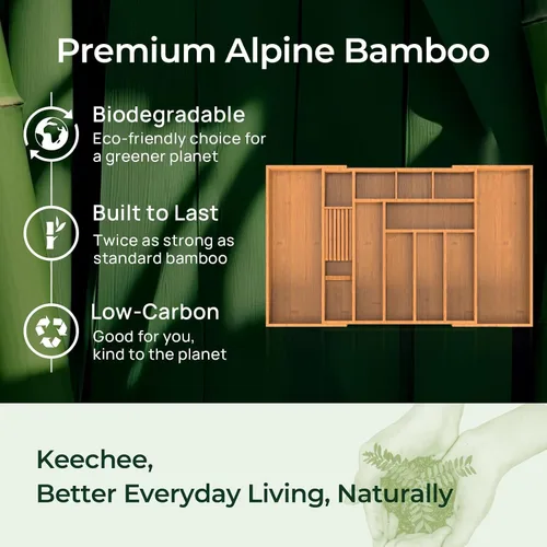 Vista 7 de keechee Organizador grande de bambú carbonizado para cajones de cocina, organizador de cubiertos expandible con 12 ranuras, soporte para utensilios