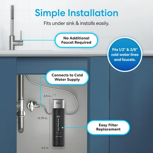 Vista 2 de Brio Sistema de filtro de agua para debajo del fregadero de 11 pulgadas para grifo de cocina y baño, carcasa única de 3 etapas, filtros de 0.5