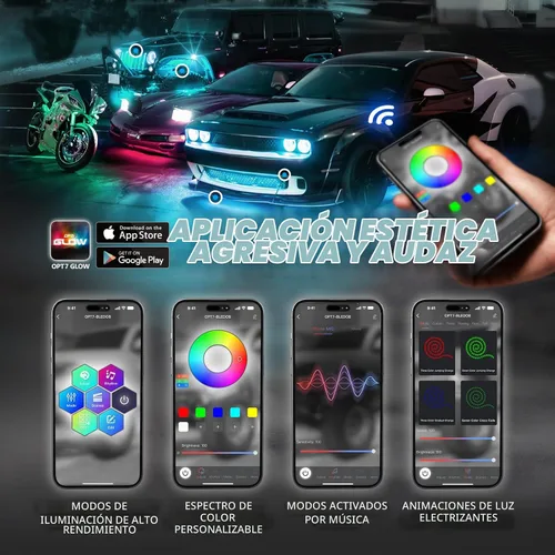 Vista 3 de OPT7 Aura PRO - Kit de iluminación LED Bluetooth de 4 piezas para rejilla Tiras multicolor de 12 pulgadas con SoundSync - Valencia de parrilla