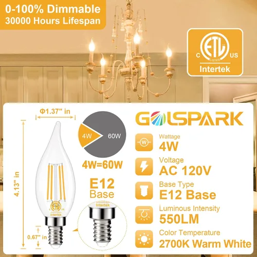 Vista 4 de GOLSPARK E12 Chandelier LED Light Bulbs 60W Equivalent 2700K Warm White Type B, B11 550LM, 120V, CRI85+, Dimmable, Vintage Filament Flame Tip