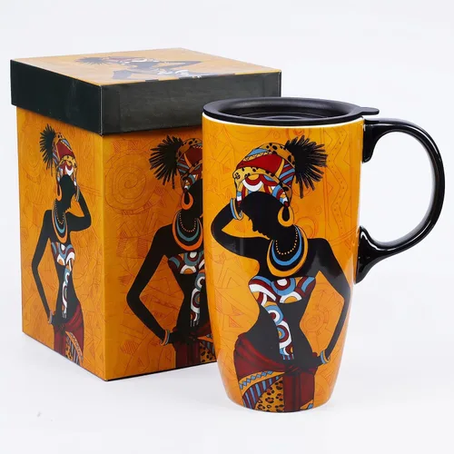 Vista 11 de Topadorn Taza de Café de Cerámica Taza de Viaje Regalo con Tapa 17oz., Taza de Té Alta de Porcelana con Asa para Casa y Oficina, Taza