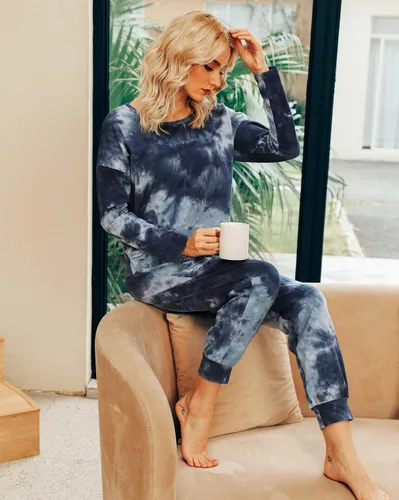 Vista 5 de Banamic Conjunto de ropa de descanso para mujer, conjunto de pijama a cuadros con camiseta y pantalones