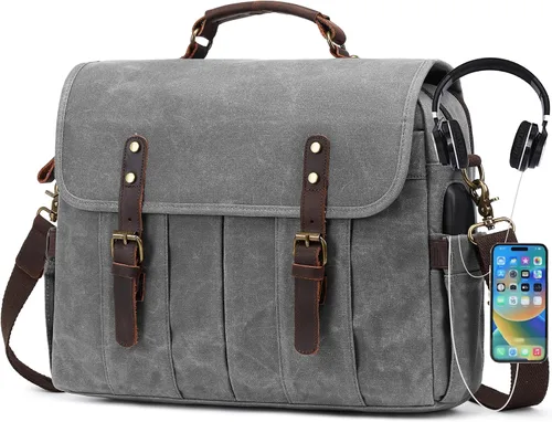 Vista 7 de NerIion Bolsa de mensajero para hombres de 15.6 pulgadas de lona vintage maletín de cuero genuino para hombres bolsa de computadora portátil bolsa