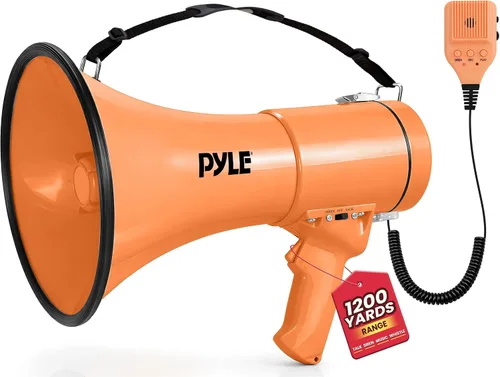 Vista 12 de Pyle 50W Megaphone Bullhorn - Portable, Automatic Siren & Adjustable Volume, Projection Range Up to 1200 Square Yards, Aux Input, Talk, Siren