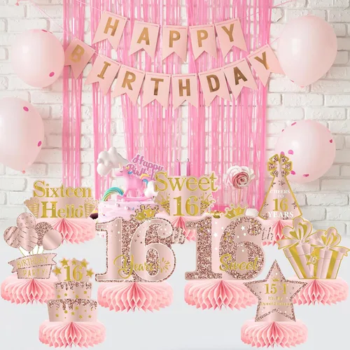 Vista 6 de 9 piezas de decoración de cumpleaños número 16 para niñas, centros de mesa de feliz cumpleaños de 16 años, suministros de fiesta, decoración de mesa