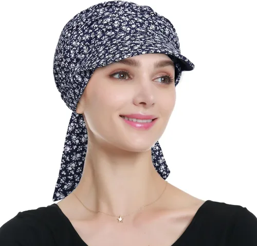 Vista 3 de Alnorm Turbante ajustable 100% algodón con cordones con diseño de bandas de algodón