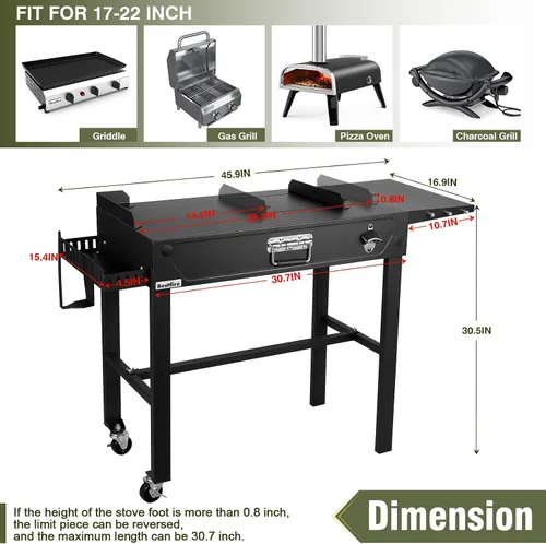 Vista 3 de Bestfire Mesa de Parrilla al Aire Libre Robusta con Ruedas - Carro de Cocina Móvil para Acampar para Planchas, Parrillas y Cocinas al Aire Libre