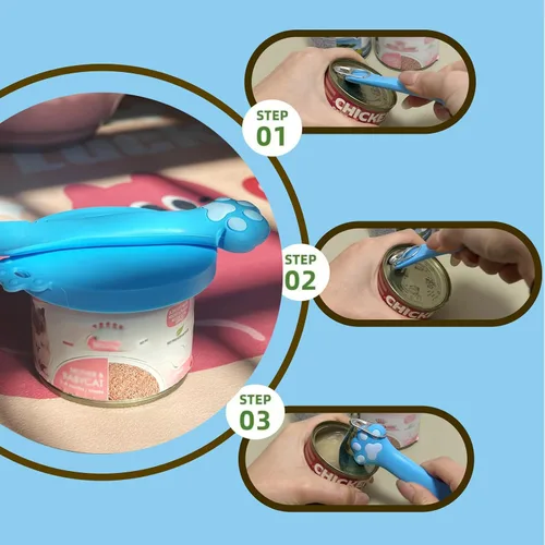 Vista 2 de Abrelatas para mascotas y 3 tapas para latas de comida para gatos, fundas universales de silicona sin BPA y cuchara multifunción para alimentos