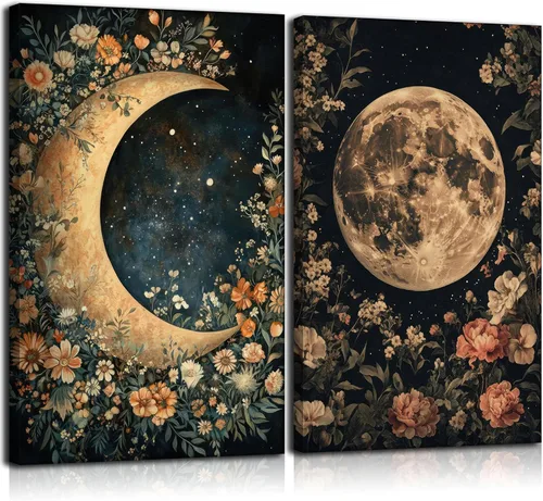Vista 9 de 3 piezas de arte de pared de flores en tonos oscuros en lona vintage póster impreso pintura de flores silvestres oscuras en granja imagen botánica