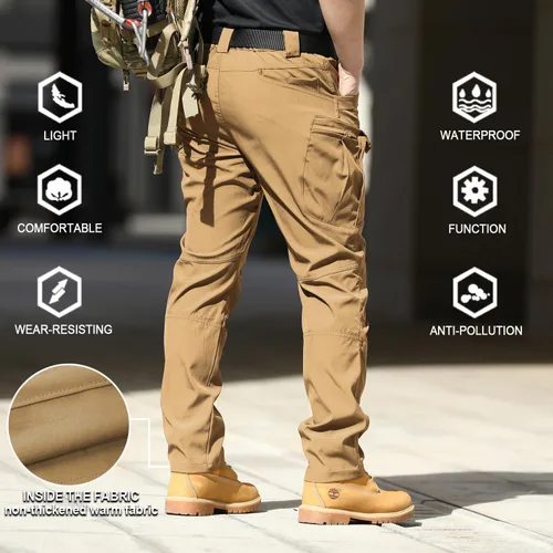 Vista 2 de FLYFIREFLY Pantalones de senderismo para hombre, ligeros, impermeables, pantalones tácticos con múltiples bolsillos (sin cinturón)
