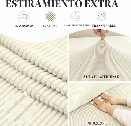 Vista 2 de Funda elástica suave para sofá de 3 cojines, protector de muebles, transpirable, lavable, tela jacquard, cuadros pequeños con parte inferior Beige