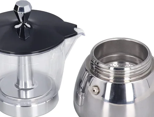 Vista 4 de Cafetera de acero inoxidable de 6 tazas con tapa de ABS transparente, cafetera duradera para uso doméstico y exterior