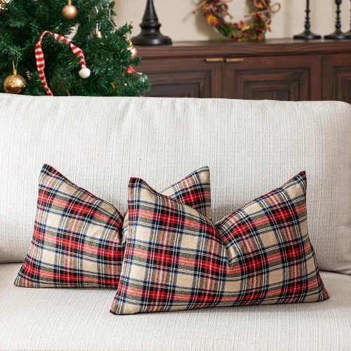 Vista 5 de Juego de 2 fundas de almohada lumbar de Navidad para exteriores de tartán Tartán lumbar marrón