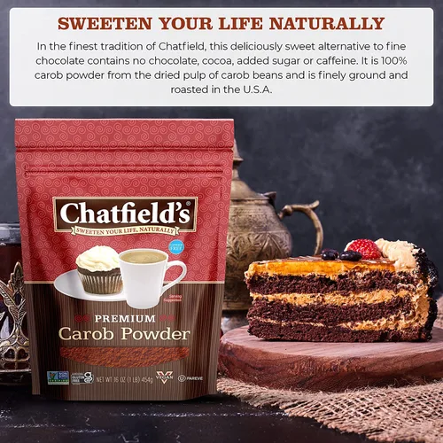 Vista 2 de Chatfield's Polvo de algarrobo natural de 16 onzas, dulce y delicioso, calidad premium, sin cafeína, sin gluten, vegano, kosher, verificado sin OMG