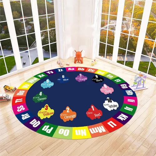 Vista 15 de Alfombra redonda para sala de juegos para niños, 3 pies, con letras coloridas del número ABC, alfombra de preescolar para guardería, aula, alfombra