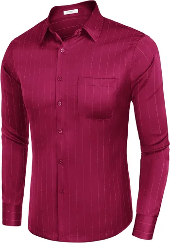 Vista 5 de COOFANDY Camisa de vestir de satén de lujo para hombre, de seda brillante, manga larga, con botones, para boda, fiesta, baile de graduación