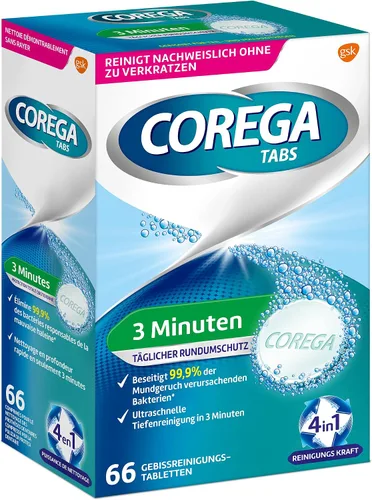 Vista 2 de Corega Palitos de limpieza rápida de dentaduras/terceros dientes, 1 x 66 tabletas de limpieza de dentición - Limpieza en 3 minutos