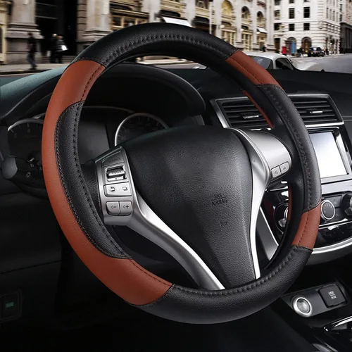 Vista 19 de Funda de cuero para volante de auto, protector antideslizante para volante de auto de cuero de microfibra transpirable, ajuste universal
