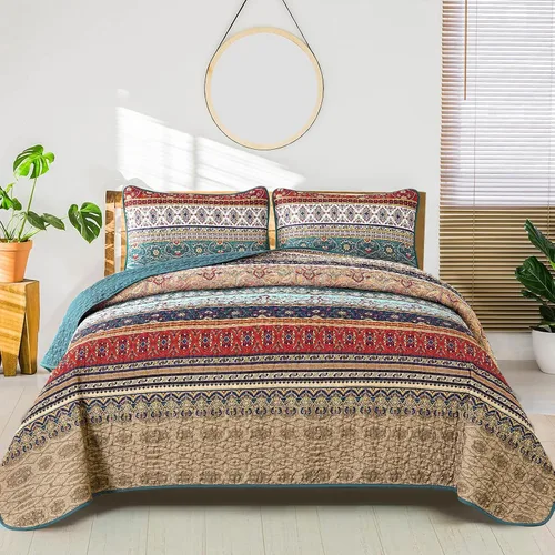 Vista 22 de WONGS BEDDING Juego de edredón bohemio tamaño individual, juego de ropa de cama azul bohemio individual, colcha de microfibra ligera con funda