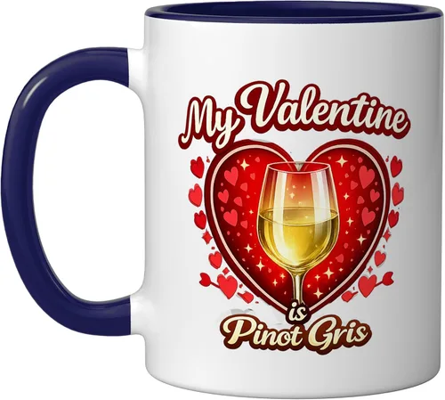 Vista 6 de Pinot Gris Wine Glass Valentine Hearts Love Funny Gift Ceramic Mug, Black/White, 11oz