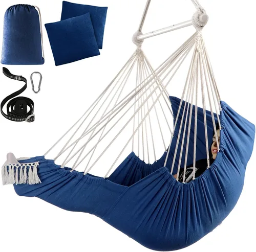 Vista 10 de Chihee - Silla hamaca con reposapiés, 2 cojines, máx. 500 libras, barra separadora de metal Azul/Verde Rayass