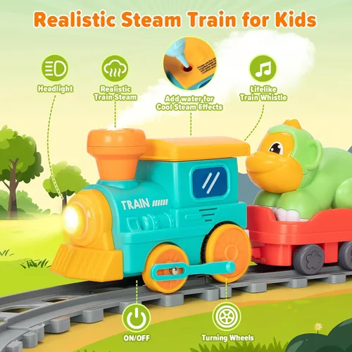 Vista 3 de Juego de tren eléctrico para niños pequeños, juguetes realistas de tren de vapor para niños con vías, juguetes de animales para niños pequeños de 1