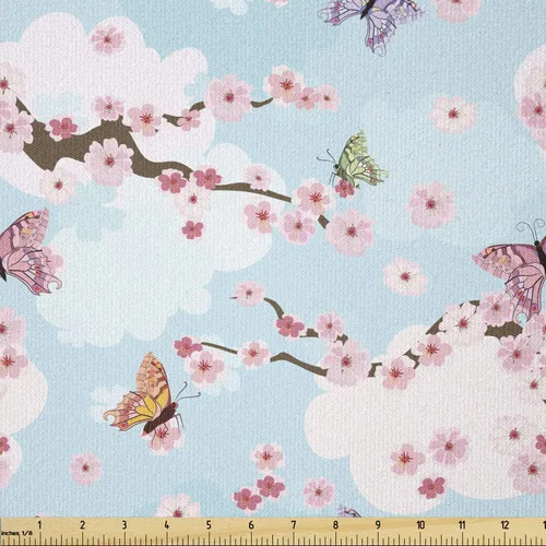 Vista 98 de Ambesonne Tela para Amantes de los Perros por Yarda, Perro Salchicha de Dibujos Animados Dachshund Cachorro con Pijamas a Rayas Flores y Mariposas